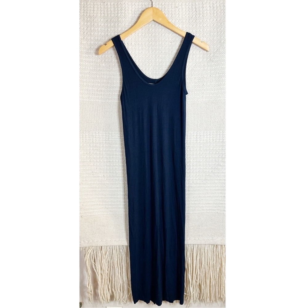 ENZA COSTA navy blue ribbed scoop neck sleeveless stretch silk midi dress M